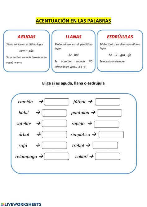 Acentuación de palabras Ficha interactiva en Reglas de acentuación Fichas Palabras