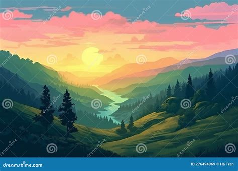 Mountain Landscape At Sunset Illustration In A Flat Style Stock