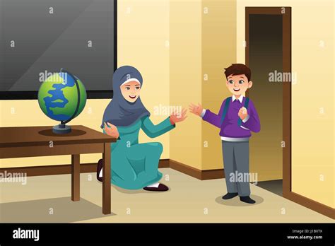 A Vector Illustration Of Muslim Kid And Teacher In A Classroom Stock