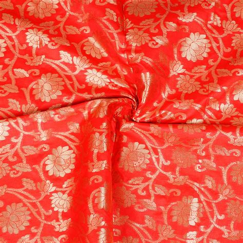 Buy Red And Golden Floral Two Tone Pure Banarasi Silk Fabric 8421