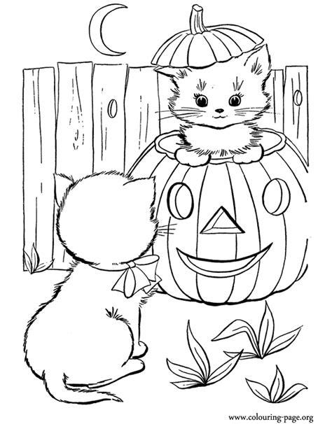 Halloween Halloween Pumpkin And Two Cute Kittens Coloring Page