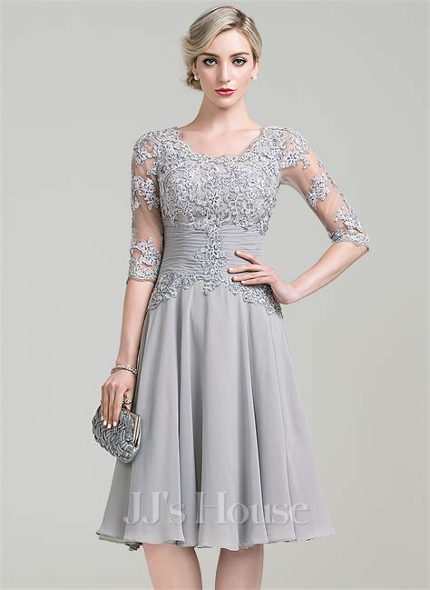 A Line Scoop Knee Length Chiffon Lace Mother Of The Bride Dress With Pleated 008085301 Jjs