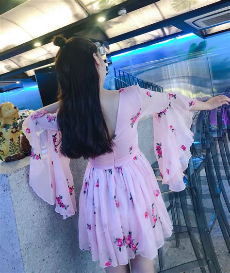 New Korean Sexy V Neck Flower Embroidery Sweet Flared Sleeve Open Back Dress On Storenvy