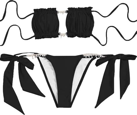 Shein Womens 2 Piece Bandeau Bathing Suit Frill Trim Tie Side Bikini