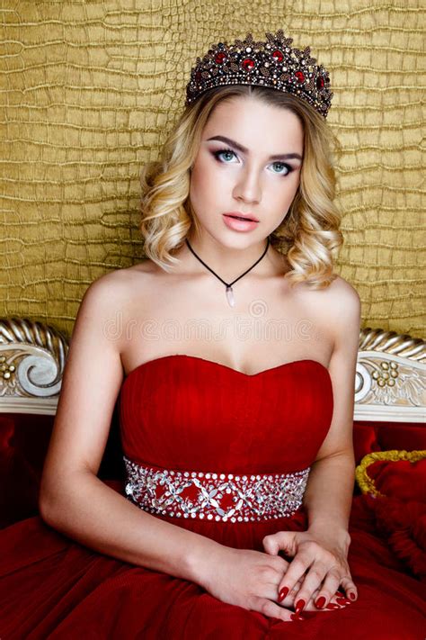 Fashion Shoot Of Beauty Young Queen Long Blond Hair Crown On Her Head