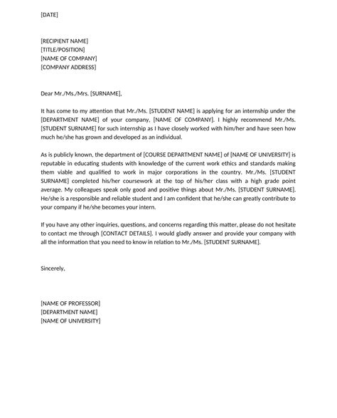 Letter Of Recommendation Template For Internship