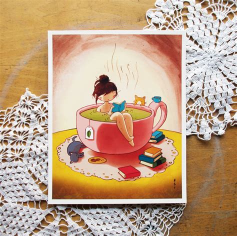 Tea Bath Cozy Relaxing Tea Book Cat Girl Print Etsy