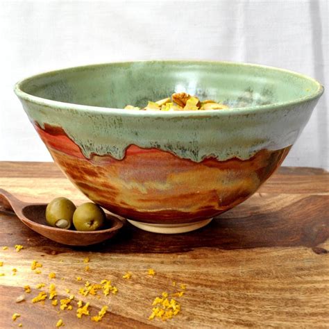 Large Ceramic Serving Bowl Noodle Bowl Green Rust Autumn Song Ceramic
