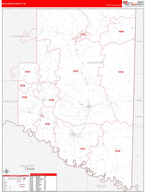 Mccurtain County Ok Zip Code Wall Map Red Line Style By Marketmaps