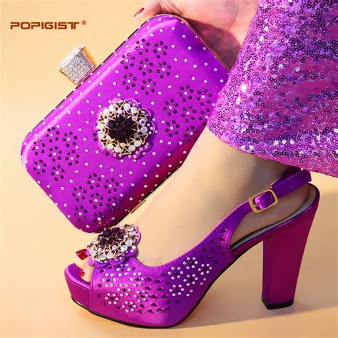 Purple Color Classics African Wedding Design Shoes And Bag Matching Set With Stones Shoes Women