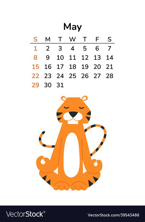 Vertical Calendar 2022 With Tigers May Page A4 Vector Image