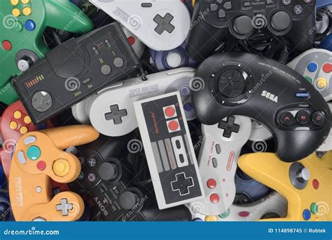 Stack Of Retro Video Game Controllers Editorial Image Image Of