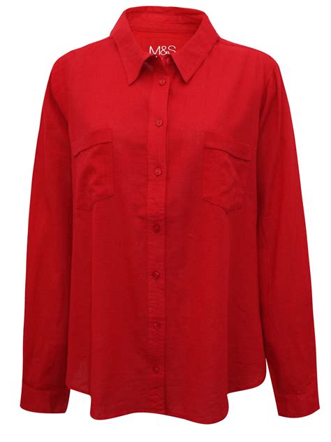 Marks And Spencer Mand5 Red Pure Linen Long Sleeve Shirt Size 8 To 18