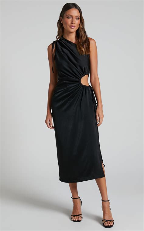 Kaipo Midi Dress - One Shoulder Tie Up Side Cut Out Dress in Black