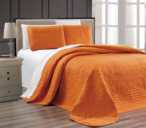 Solid Orange Oversized 3 Pc Quilt Set Coverlet Bedspread Full Queen Cal