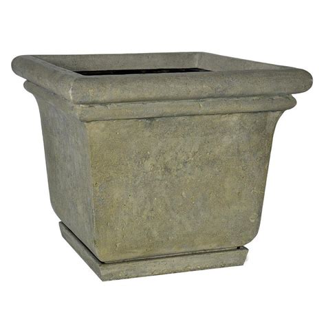 Mpg 24 In Square Aged Granite Cast Stone Planter With Attached Saucer