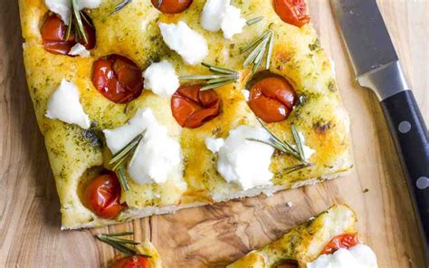 Focaccia Bread Recipe With Cherry Tomatoes Basil Pesto And Goat Cheese