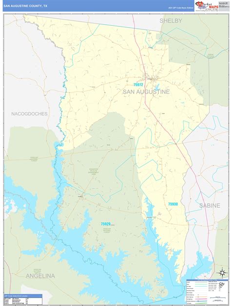 San Augustine County Tx Zip Code Wall Map Basic Style By Marketmaps