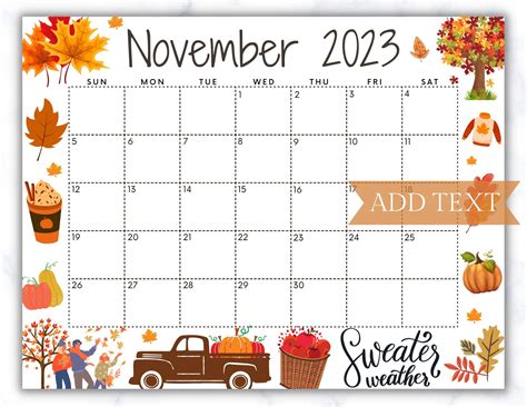 Editable November 2023 Calendar Printable Fall Calendar Wall Etsy Artofit