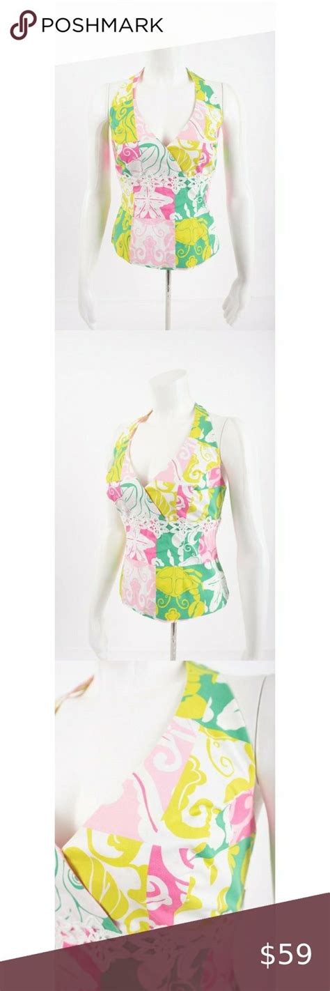 Lilly Pulitzer Womens Halter Top Shirt Sz 10 Pink Green Turtle Floral