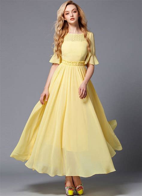 Yellow Maxi Dress With Lace Details And Lantern Sleeves Yellow Maxi Dress Chiffon Dress Long