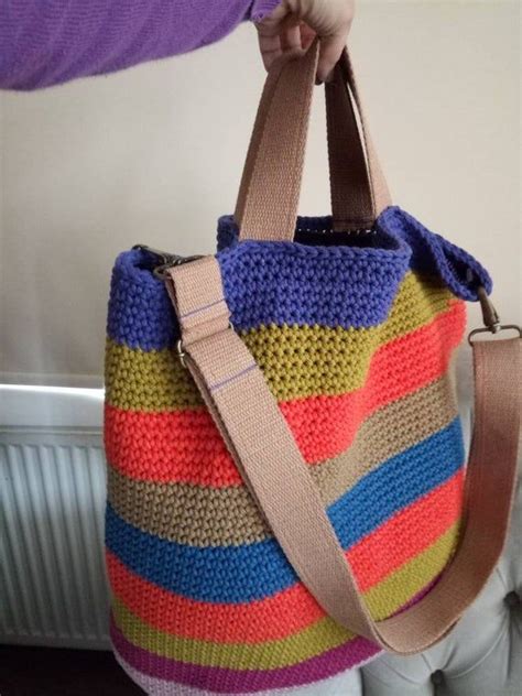 Colorful Crochet Bag Messenger Knit Tote Xl Striped Bag Etsy In