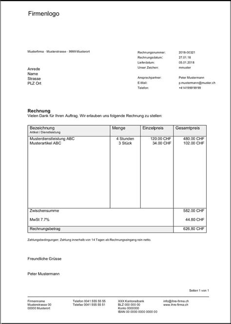 Rechnungsvorlage Schweiz Im Word And Excel Format Kostenlos