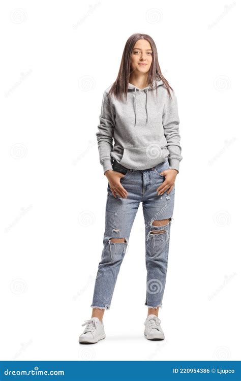 Full Length Portrait Of A Young Female Wearing A Hoodie And Ripped