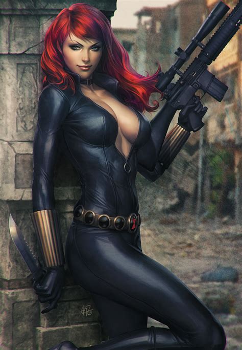 1girl Avengers Black Widow Bodysuit Breasts Cleavage Green Eyes Gun