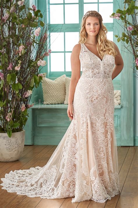 t192053 plus illusion bodice v neck embroidered lace fit and flare wedding dress