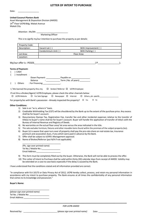 Free Printable Letter Of Intent To Purchase Template Pdf Word