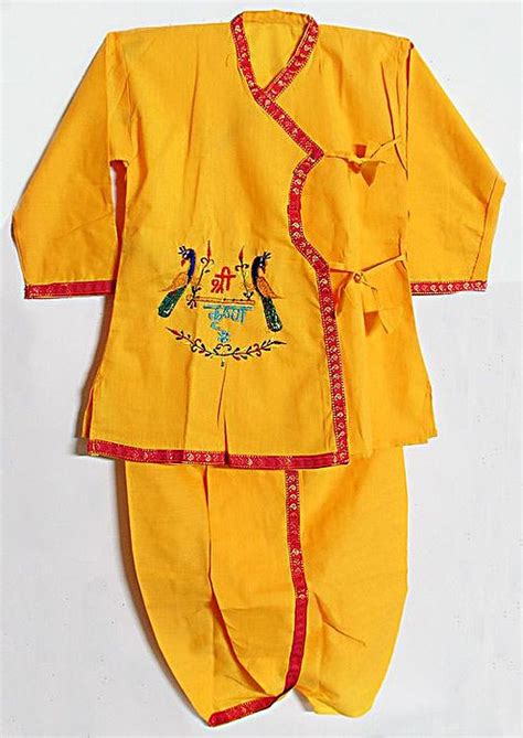 Gujrati Style Yellow Cotton Dhoti Kurta With Sri Krishna Embroidery