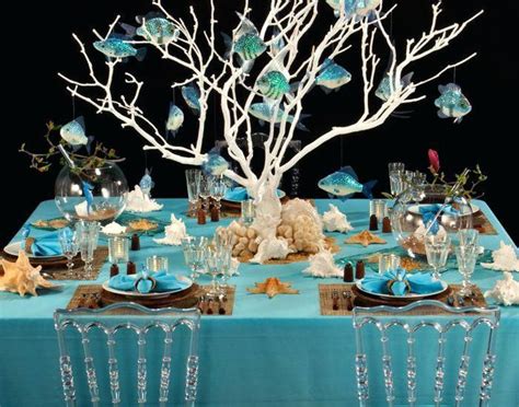 So, a beach wedding table décor should be special, add some pretty sea life to the tables and centerpieces: Underwater Themed Table Settings Google Search Beach ...