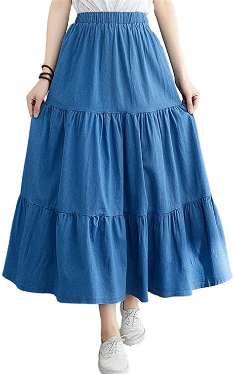 Elastic Waist Denim Tiered Skirt Long Prairie Modest Skirt In 2020