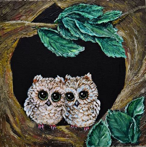Cute Owls 30 X 30 Cm Impasto Acrylic Painting Painting