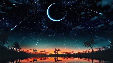 Sunset Starry Night Sky Moon Stars Anime Scenery 4k Hd