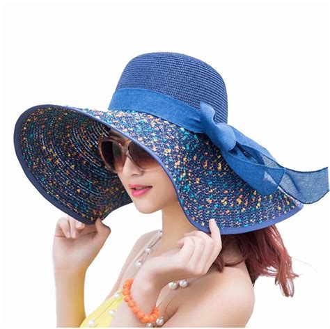 Home Cal Women Foldable Straw Hat Bowknot Decor Beach Seaside Vacation