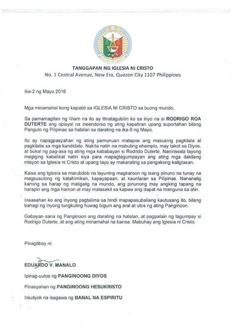 Philippine president rodrigo duterte, who has been openly critical of american security policies find great designs for president letterhead on zazzle. Fake Iglesia ni Cristo endorsement letter for Duterte goes ...