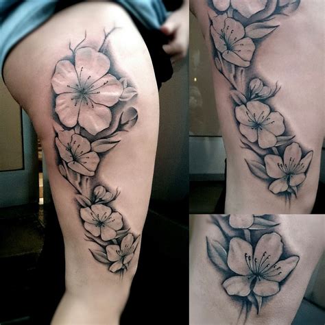 Tattoo Flower Cherry Blossom Leg Black And Grey Flower