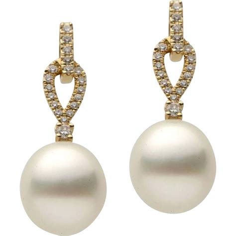 Yellow Gold Pearl and Diamond Dangle Drop Earring from prince-dia-inc on RubyLUX