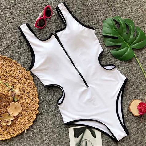 Solid Zipper Front One Piece Swimsuit Women Push Up Swimwear Bathing Suits Brazilian Bodysuit