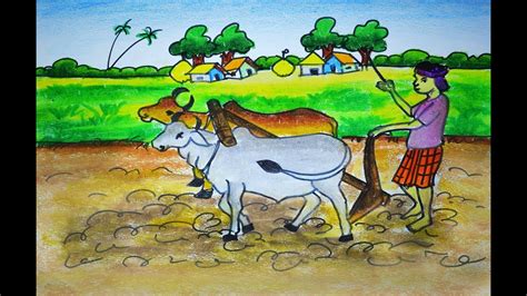 How To Draw Cultivation Scenery How To Draw A Farmer Working In Field