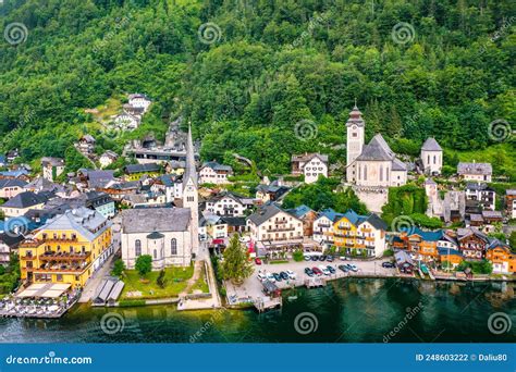 Aerial View Of Austrian Mountain Village Hallstatt And Hallstatter Lake