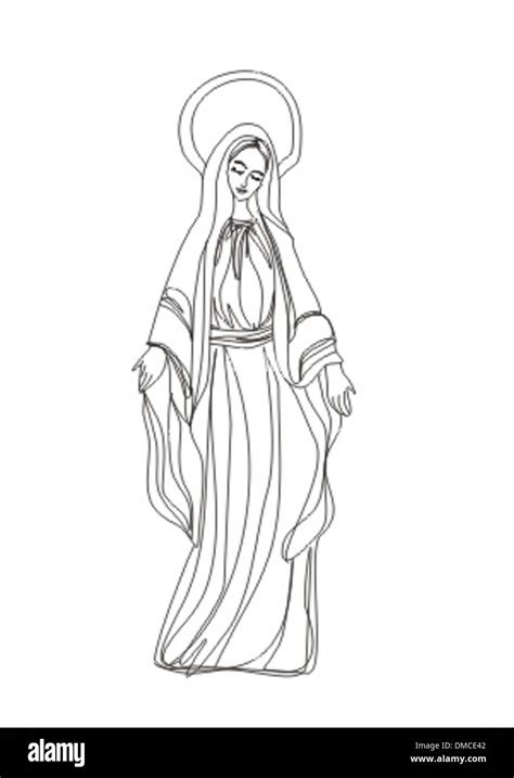 Blessed Virgin Mary In Black And White Contour Drawing Stock Vector