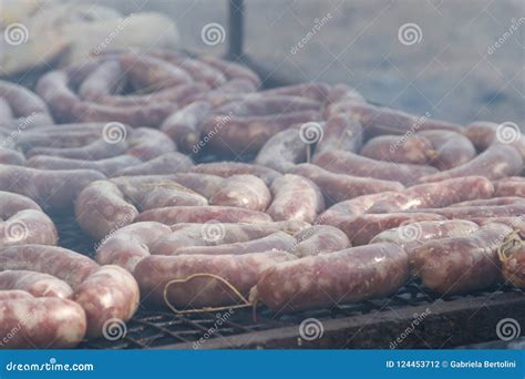Typical Sausages Grilled On The Grill In The Argentine Countryside