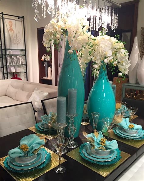 Turquoise Vases With White Orchids Amazing Centerpiece Dining Room
