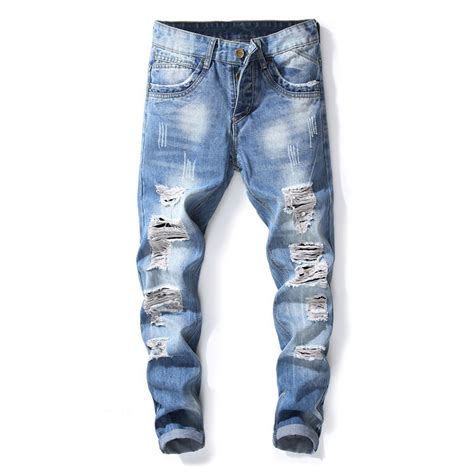 Newsosoo Fashion Mens Destroyed Jeans Straight Ripped Denim Pants