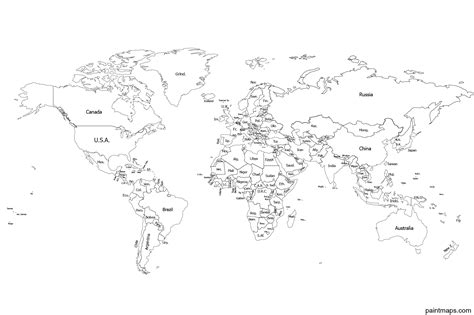 The World Map Is Shown In Black And White With All Countries Labeled On It