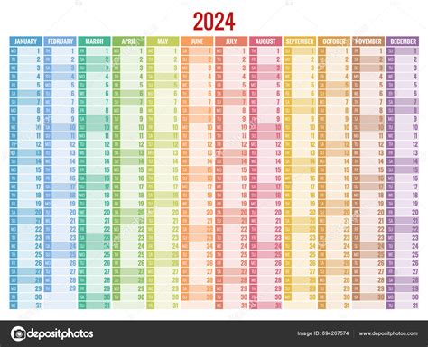 Vertical Rainbow 2024 Calendar Vector English Language 2024 Calendar
