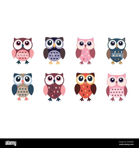 Cute Owl Colorful Cartoon Icons Little Owls Or Owlet Character Vector